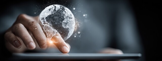 Hand interacting with a digital globe