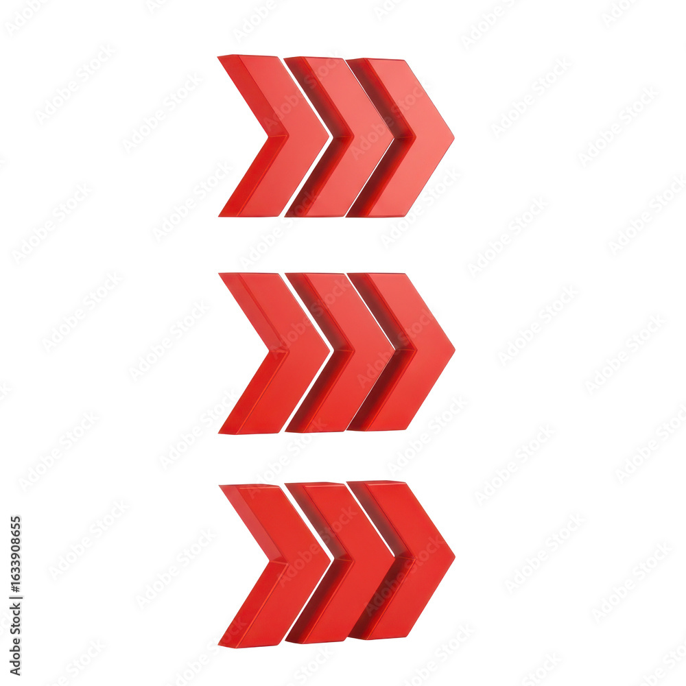Poster 3d icon of three red arrows pointing to the right isolated on transparent background