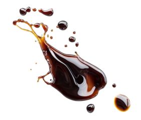 Delicious soy sauce splash with drops in motion, isolated on transparent cutout background