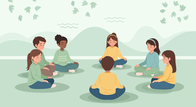 Mindful Children Meditating Together In Nature Harmony And Relaxation Outdoor