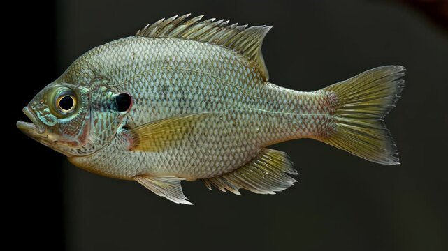 Green Sunfish Swimming in Aquarium - A detailed close-up of a green sunfish swimming against a blurred background of dark brown and light tan. The fish's scales, fins, and eye are clearly visible.