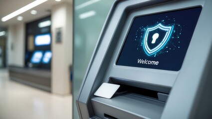 A modern automated teller machine features a sleek design with security graphics in a well-lit banking environment showcasing advanced technology for secure transactions and customer convenience