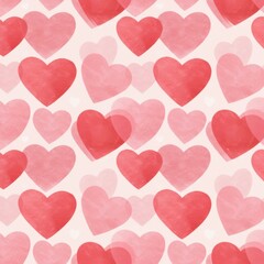 A seamless pattern of various shades of pink and red hearts scattered across a light background isolated on white background