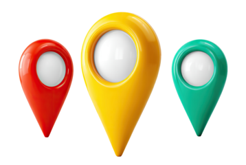 Set of colorful map location pins in red, yellow and green, isolated on transparent cutout background