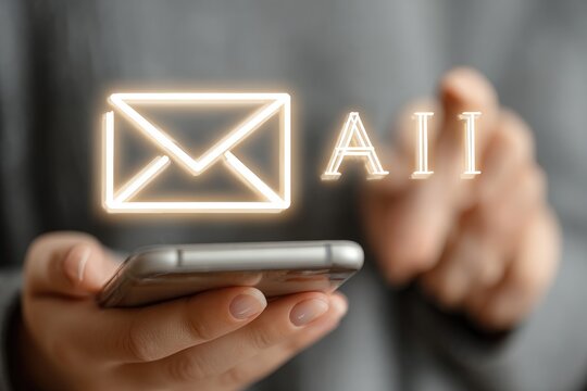 Hands holding phone with email icon overlay