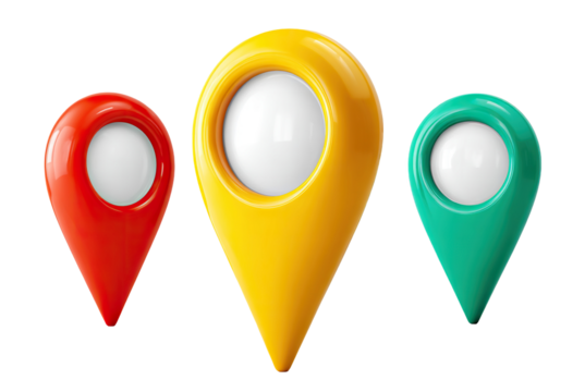 Set of colorful map location pins in red, yellow and green, isolated on transparent cutout background