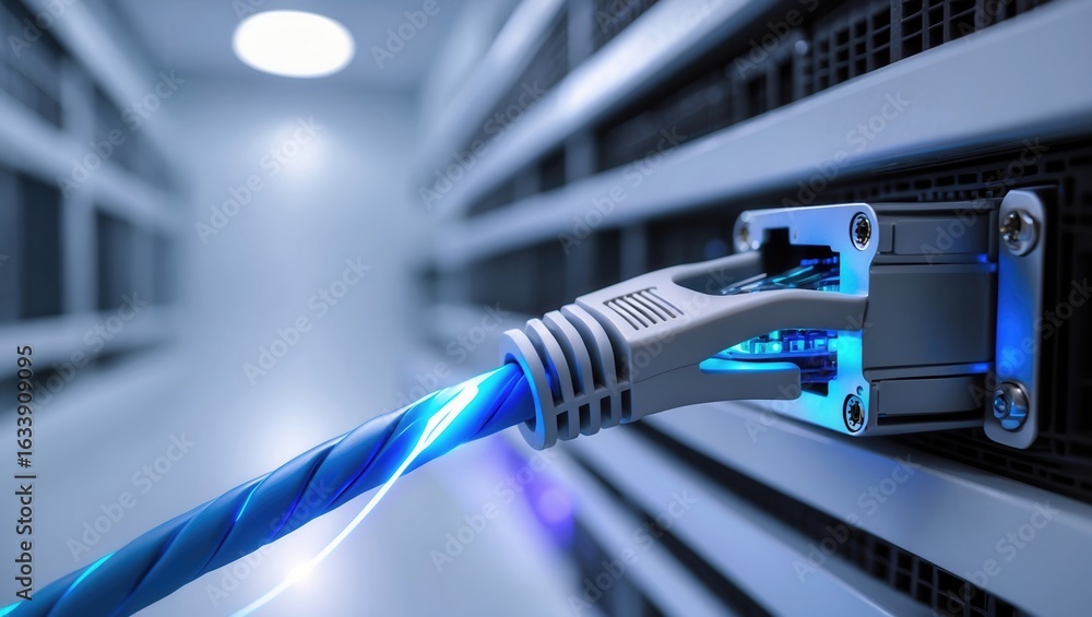 Poster a network cable connected to a network switch in a modern data center with soft lighting, showcasing