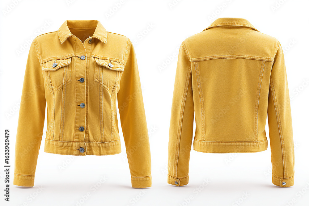 Poster a stylish yellow denim jacket is showcased in a front and back view, perfect for adding a pop of col