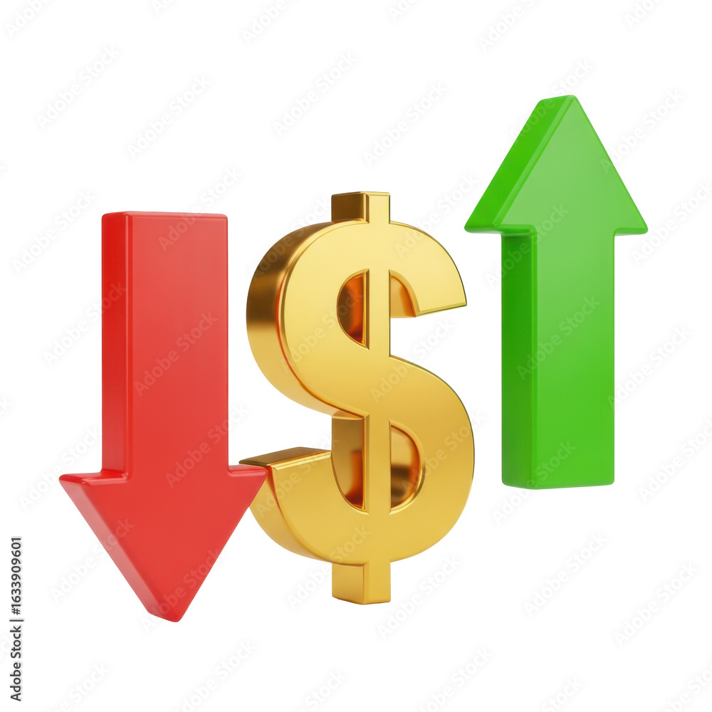 Aufkleber 3d icon of dollar symbol with up and down arrows isolated on transparent background