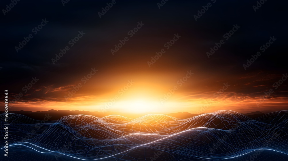 Poster the image features a radiant sunset shining over distant hills, paired with a network of illuminatin