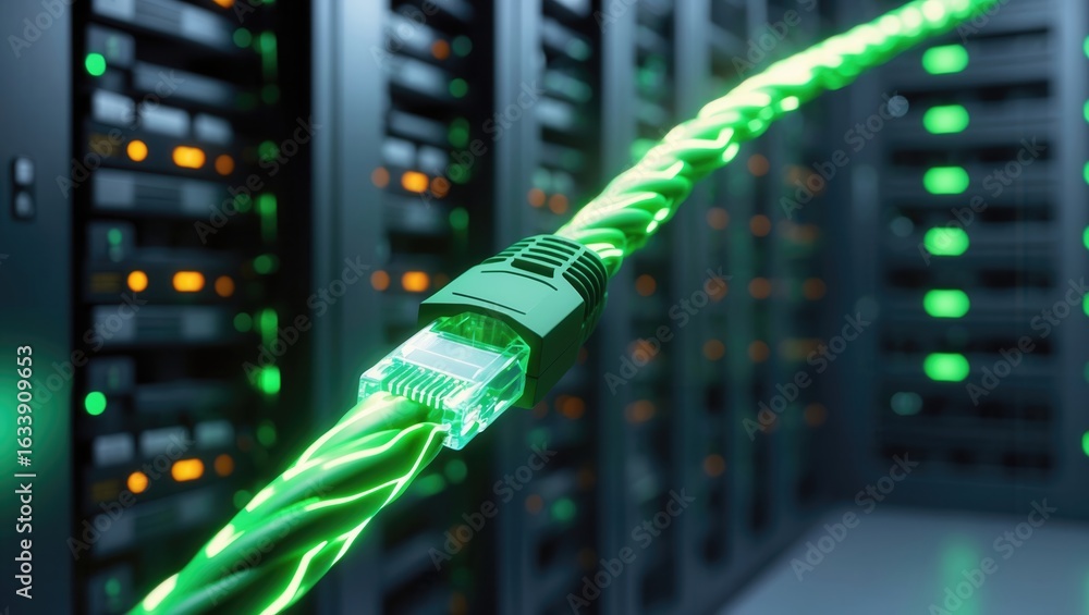 Poster a close-up view of a glowing green network cable connected to a network hub in a data center with se