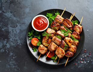 Grilled meat skewers with vegetables served on a wooden plate, garnished with fresh herbs and accompanied by a bowl of red sauce.	