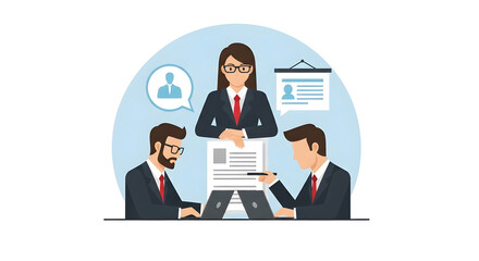 Professional recruitment team analyzing a candidate's profile. Human resources management and hiring concept illustration.