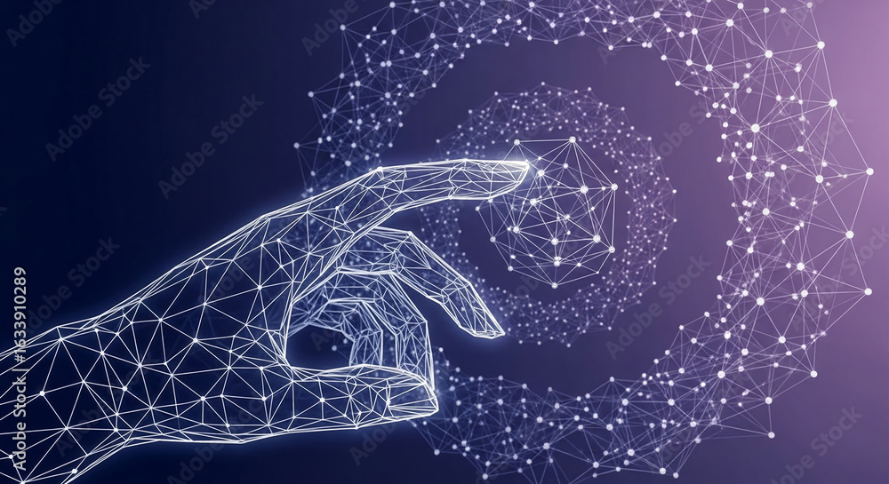 Poster wireframe hand interacting with digital network, swirling nodes and connections create a futuristic 