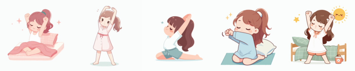 vector of a little girl stretching after waking up