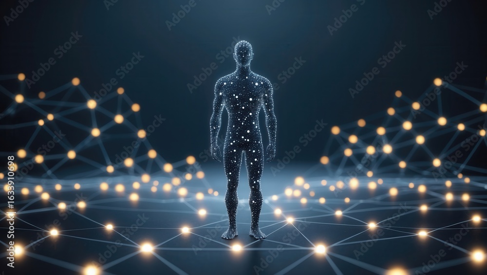 Poster a striking digital representation of a human form composed of luminous nodes against a dark backgrou