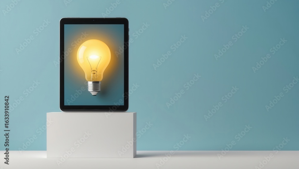 Poster a digital device is displayed on a white stand showing a glowing lightbulb graphic against a soft bl