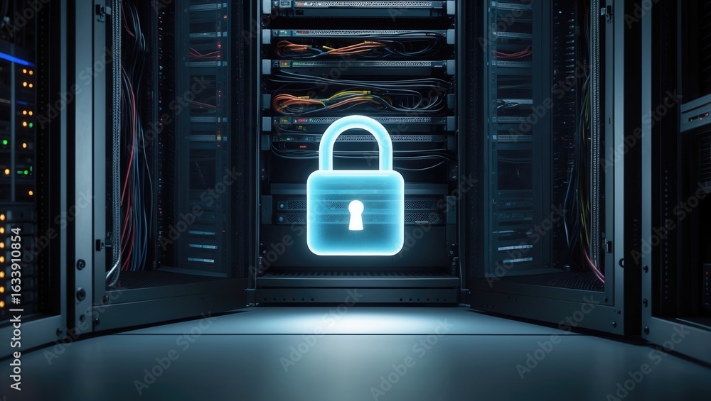Poster a digital lock symbol is superimposed on a dark data center filled with server racks and colorful ca