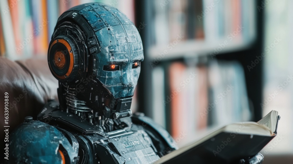 Poster robot reading a book in a cozy library setting with colorful bookshelves