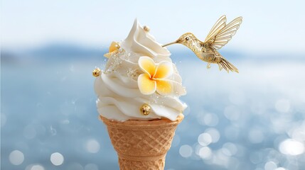 Exquisitely Decorated Ice - Cream Cone With White Soft - Serve, Flowers, Gold Accents, and Golden Hummingbird Against Sparkling Blue Sea Background