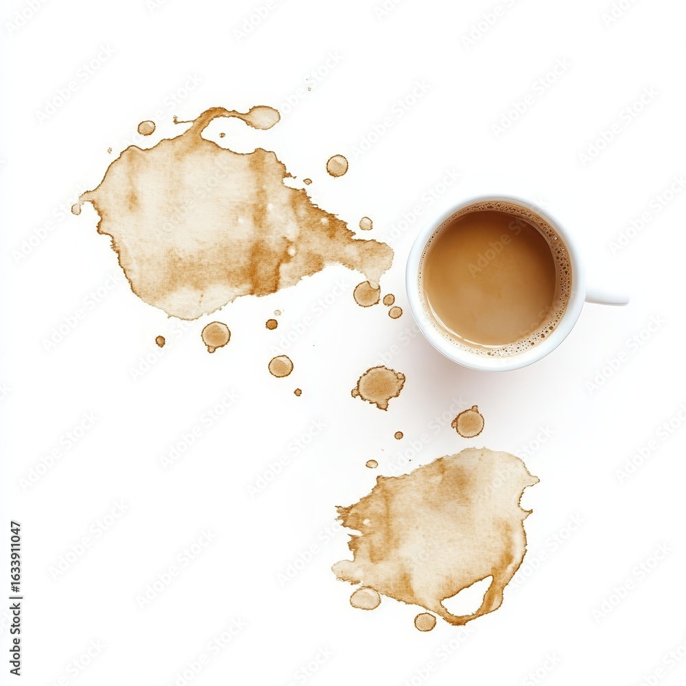 Poster artistic coffee cup with splatters creating unique abstract patterns and aesthetic beverage stains