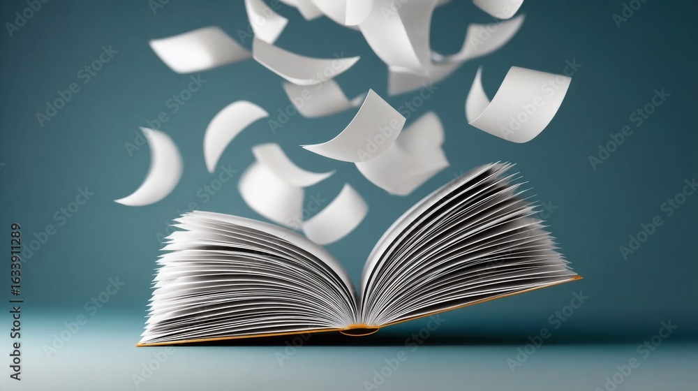 Poster whimsical floating pages above an open book illustrating the enchantment of reading and knowledge