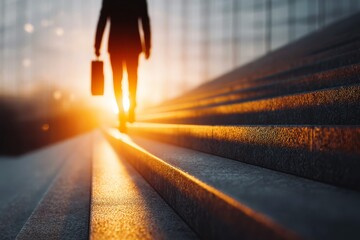 Personal growth career success journey leadership motivation concept. Professional Man Climbing Stairs with Briefcase at Sunset in Blurred Urban Environment