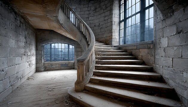 Grand Stone Staircase in an Old Historic Building With Natural Light Streaming Through Windows - Powered by Adobe