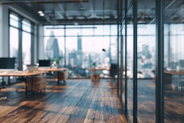 Blurry modern office interior with city view