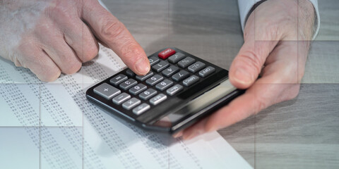 Male hands making calculation, geometric pattern