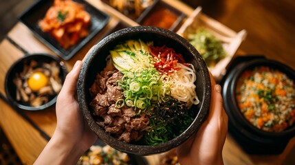 Person holding Korean rice dish with various colorful toppings