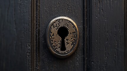 Intricate door lock with vintage design and detailed keyhole close-up on wooden door