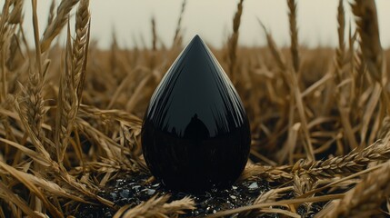 Black drop sculpture amidst golden wheat field at twilight creating an intriguing contrast and atmosphere