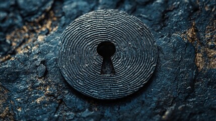 Keyhole resting on textured dark surface surrounded by natural stone elements during daylight hours