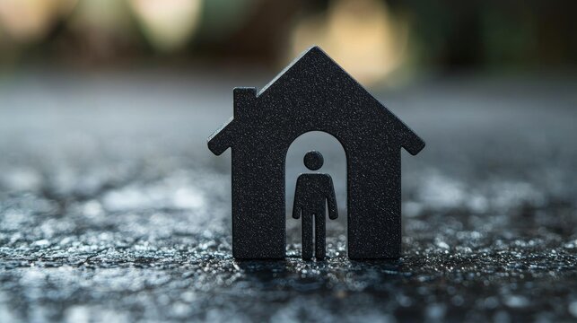 Symbolic representation of home and shelter with a figure standing in an archway on a textured surface