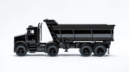 Black dump truck model stands out on white background showcasing detailed design and craftsmanship