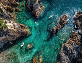Obraz premium Coastal rocks, turquoise water, boats