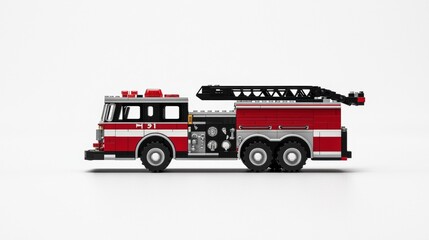 Bright red fire truck model showcasing detailed design with ladder and equipment on display in a minimalist environment