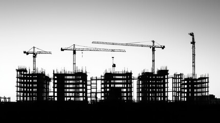 Construction activity at dusk creates striking silhouettes of cranes and buildings in a developing urban area