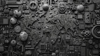 Creative display of a world map made from various objects in monochrome, showcasing intricate details and textures