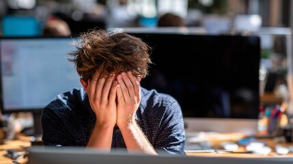 Person stressed at a desk with hands covering face