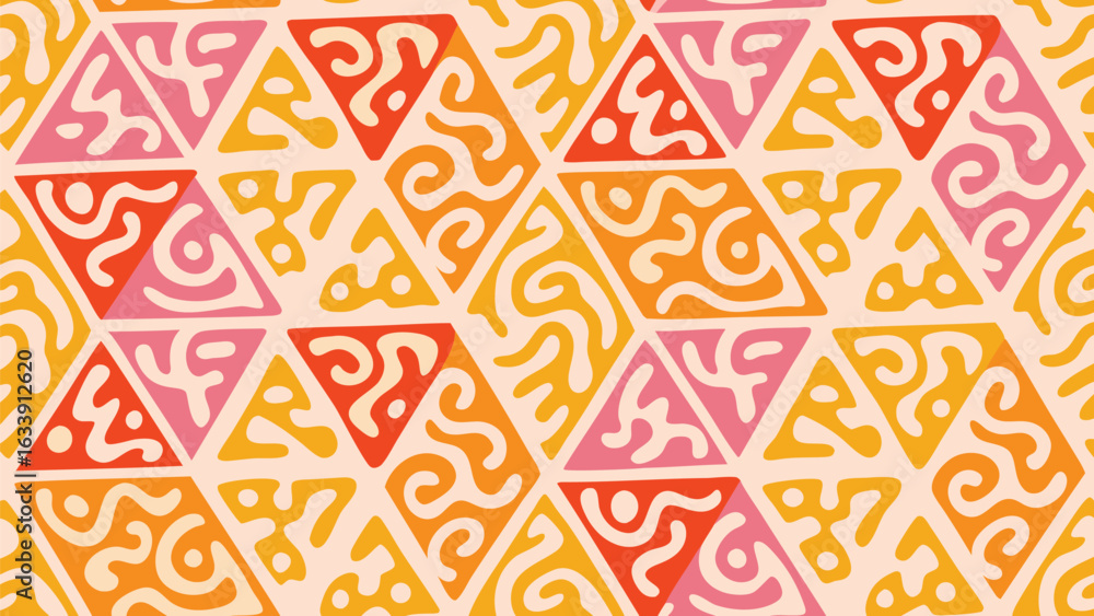 Poster repeating triangular pattern with abstract shapes in orange pink and yellow colors in a seamless des