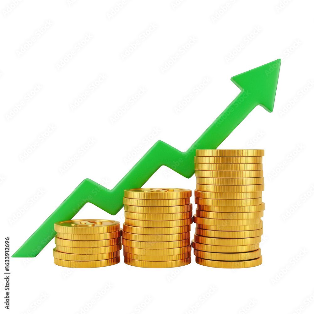 Aufkleber 3d icon of stacks of gold coins with a green arrow pointing up isolated on transparent background