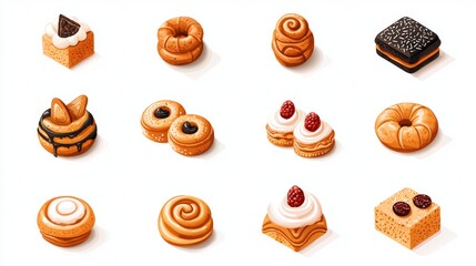 Assorted delicious pastries and desserts arranged on a clean background for a sweet treat display