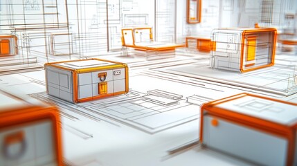 Modern architectural sketch of futuristic buildings with orange accents and intricate design elements