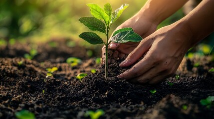 Hands planting a young sapling in rich soil under warm sunlight in a garden during the afternoon