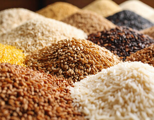 An assortment of various grains and rice types are arranged in textured mounds, showcasing their rich colors and natural diversity up close.	