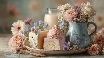 Still life with milk, cheese, and flowers