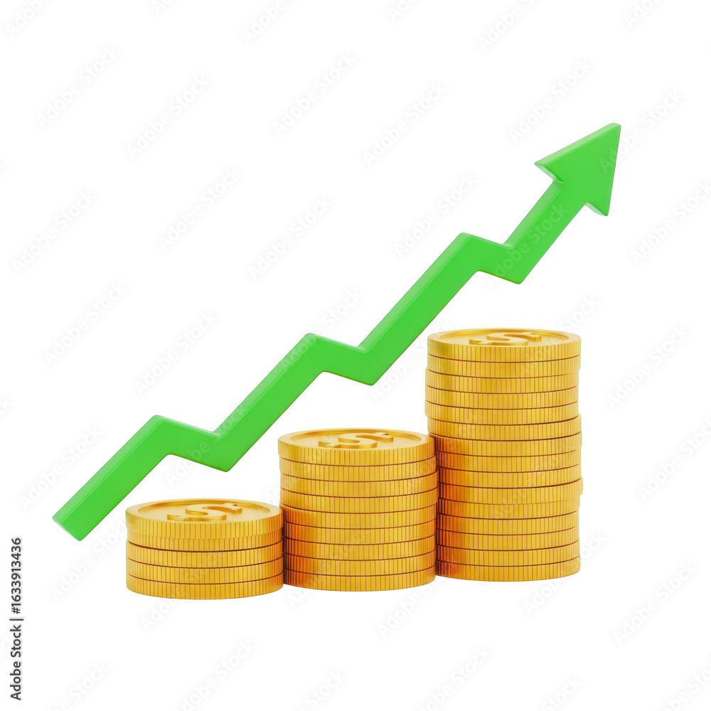 Poster 3d icon of stacks of coins with a green arrow showing growth isolated on transparent background