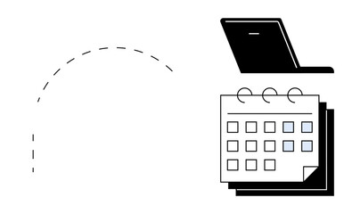 Laptop with open screen and a spiral-bound calendar showing marked dates. Ideal for productivity, deadlines, scheduling, planning, organization, remote work, time management. Minimal flat metaphor